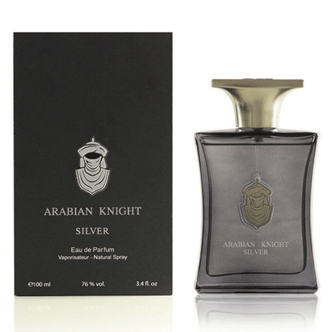 Arabian Knight Silver EDP by Arabian Oud, 100ml bottle with packaging, featuring elegant silver design and luxurious perfume presentation.
