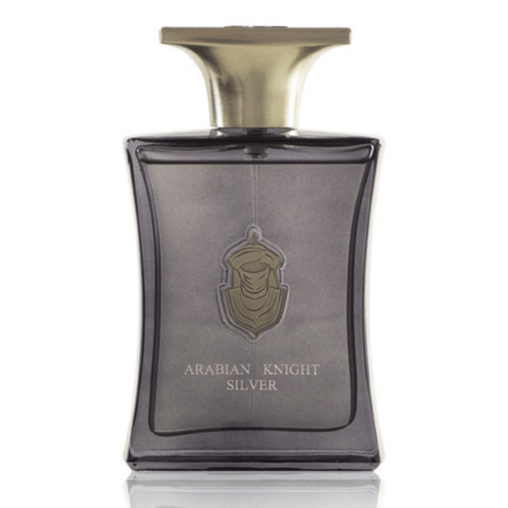 Arabian Knight Silver EDP by Arabian Oud in a 100ML bottle, front view showing sleek silver design and fragrance label.