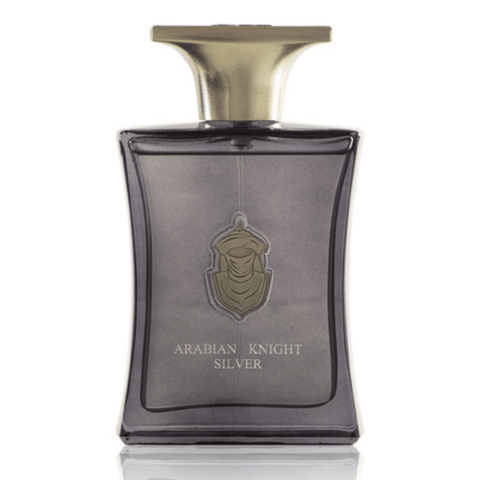 Arabian Knight Silver EDP by Arabian Oud in a 100ML bottle, front view showing sleek silver design and fragrance label.