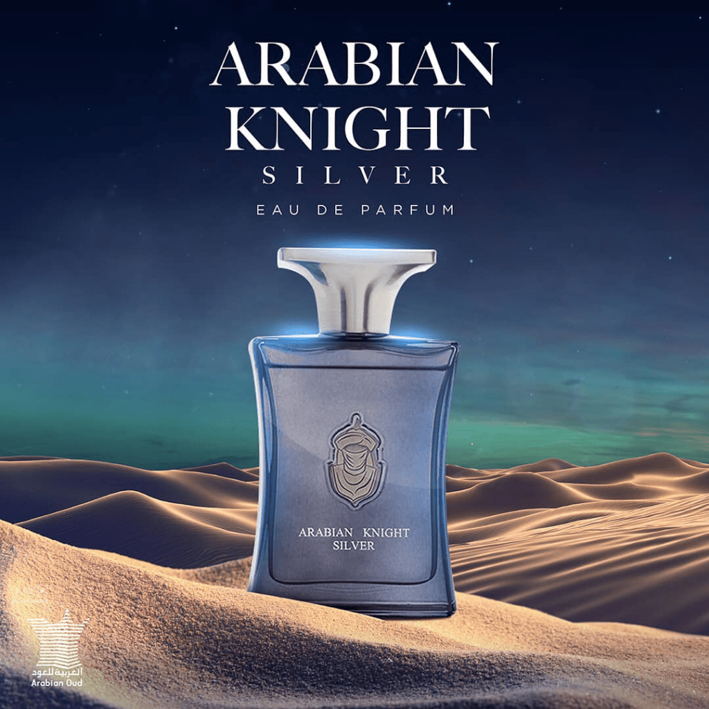 Arabian Knight Silver EDP by Arabian Oud, 100ML, elegant glass bottle with silver accents, showcasing the perfume inside.