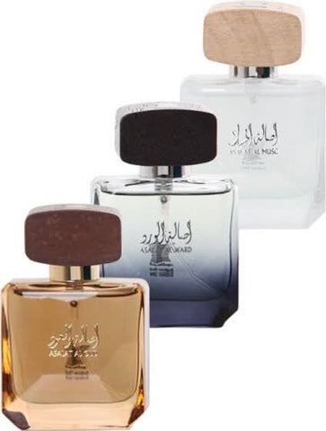 Arabian Oud Asala collection perfume gift set with three 30ml bottles, featuring elegant packaging and Oriental fragrance.