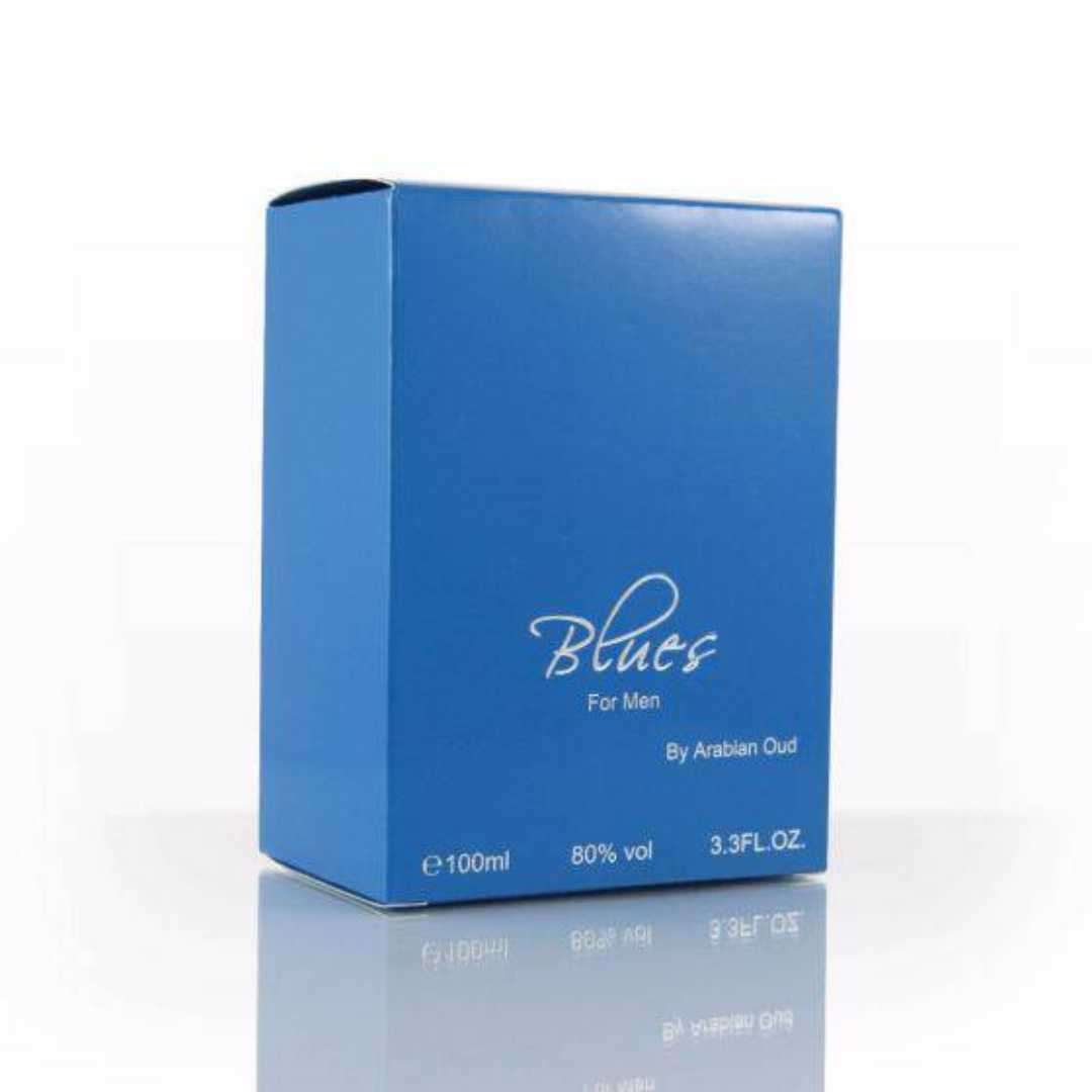 Arabian Oud Blues EDP 100ml bottle with packaging, a luxurious floral and woody fragrance in an elegant glass bottle.
