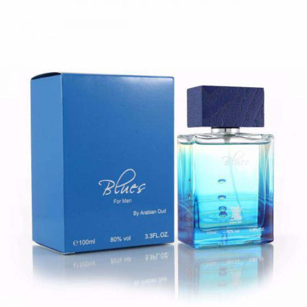 Arabian Oud Blues EDP 100ml bottle with white background, showcasing the elegant glass perfume bottle and label.