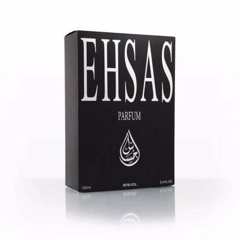 Arabian Oud Ehsas for Men Eau De Parfum 100ml bottle, with elegant packaging and dark fragrance liquid visible inside the bottle.