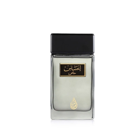 Front view of Arabian Oud Ehsas Khas Eau De Parfum 100ml bottle, showcasing elegant glass design and fragrance label.