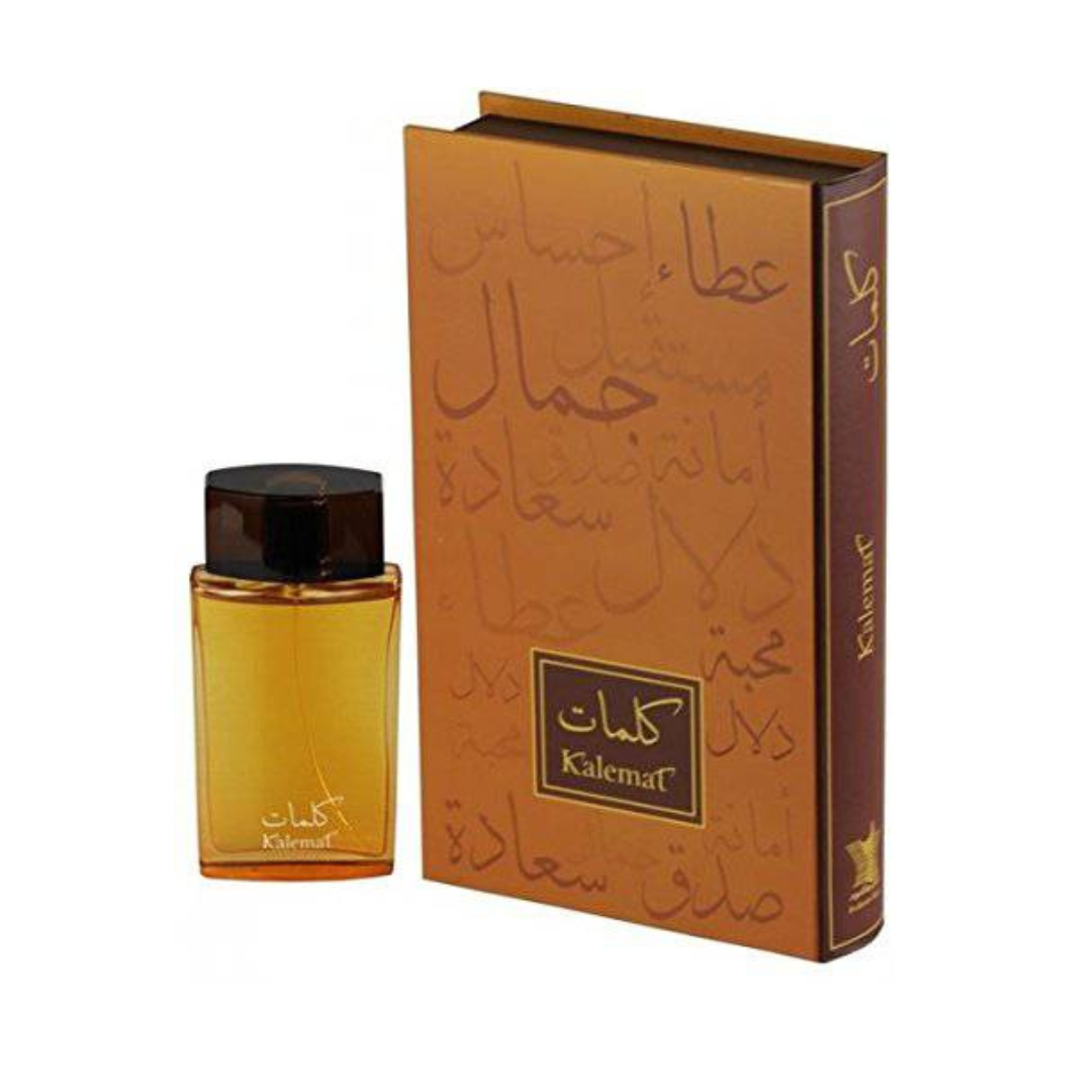 Kalemat Brown Eau De Parfum by Arabian Oud in 100ml bottle, front view showing the elegant fragrance bottle.
