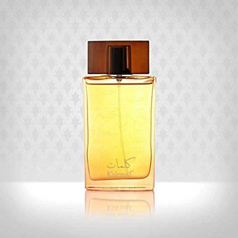 Kalemat Brown Eau De Parfum by Arabian Oud, 100ml bottle, showcasing the elegant perfume bottle with a brown cap and branding.