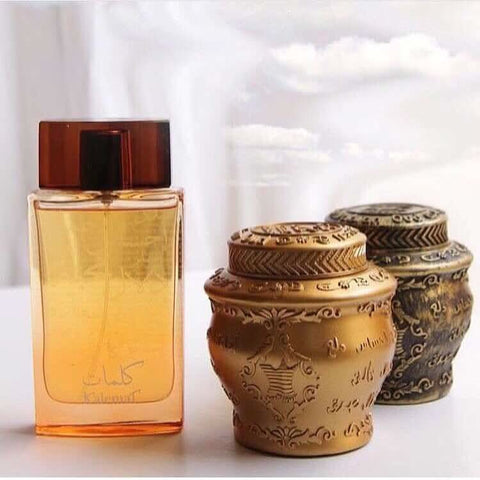 Arabian Oud Kalemat perfume gift set with two 100ml bottles of EDP, featuring elegant packaging and luxurious fragrance.