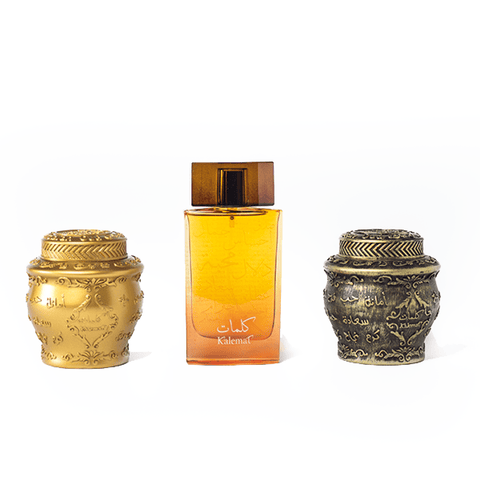 Arabian Oud Kalemat perfume gift set with three 100ml bottles of Arabian Oud Kalemat EDP, elegant and luxurious fragrance collection.