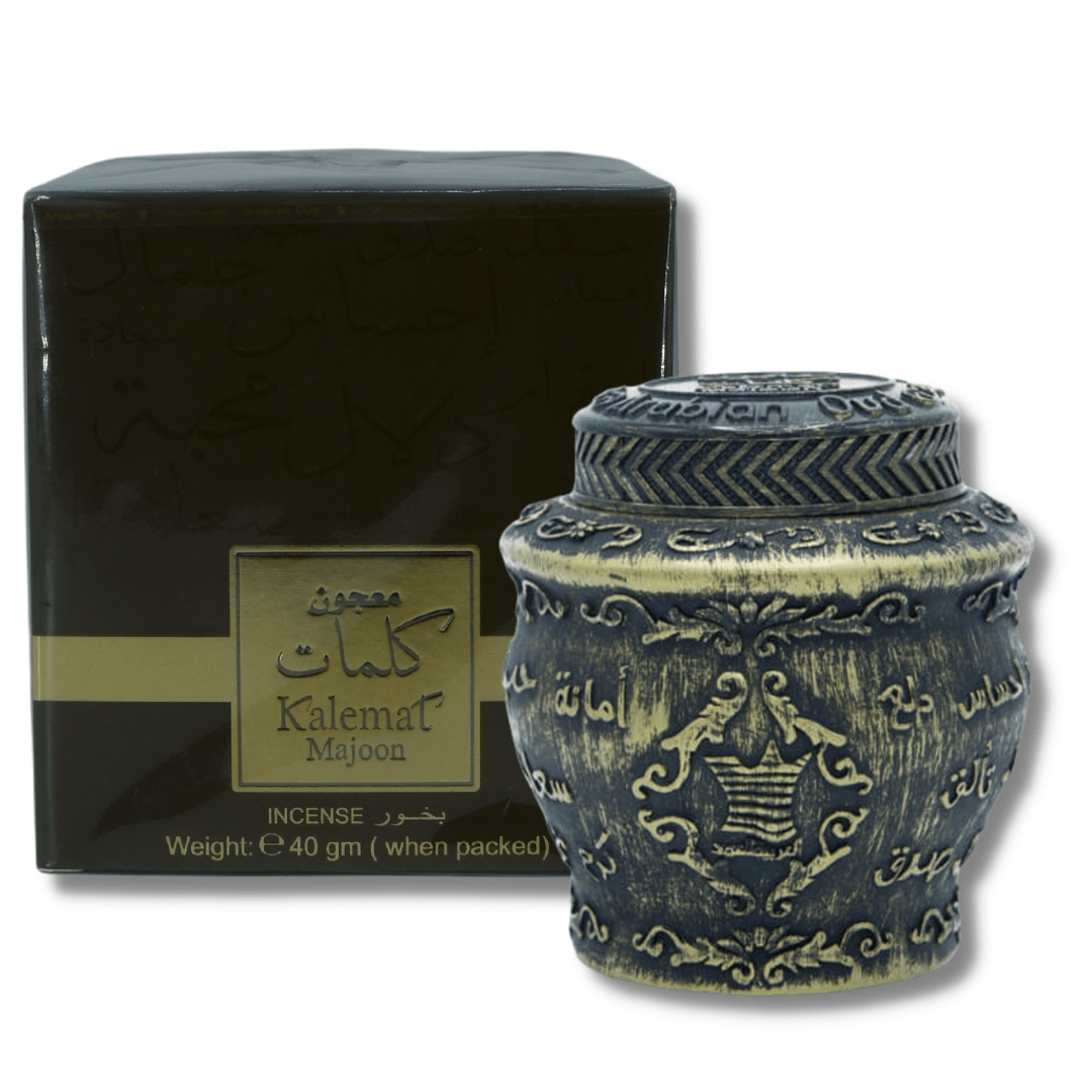 Arabian Oud Maajoon Kalemat Bakhoor jar, 40 GM, featuring decorative container with traditional Arabic design and fragrance label.