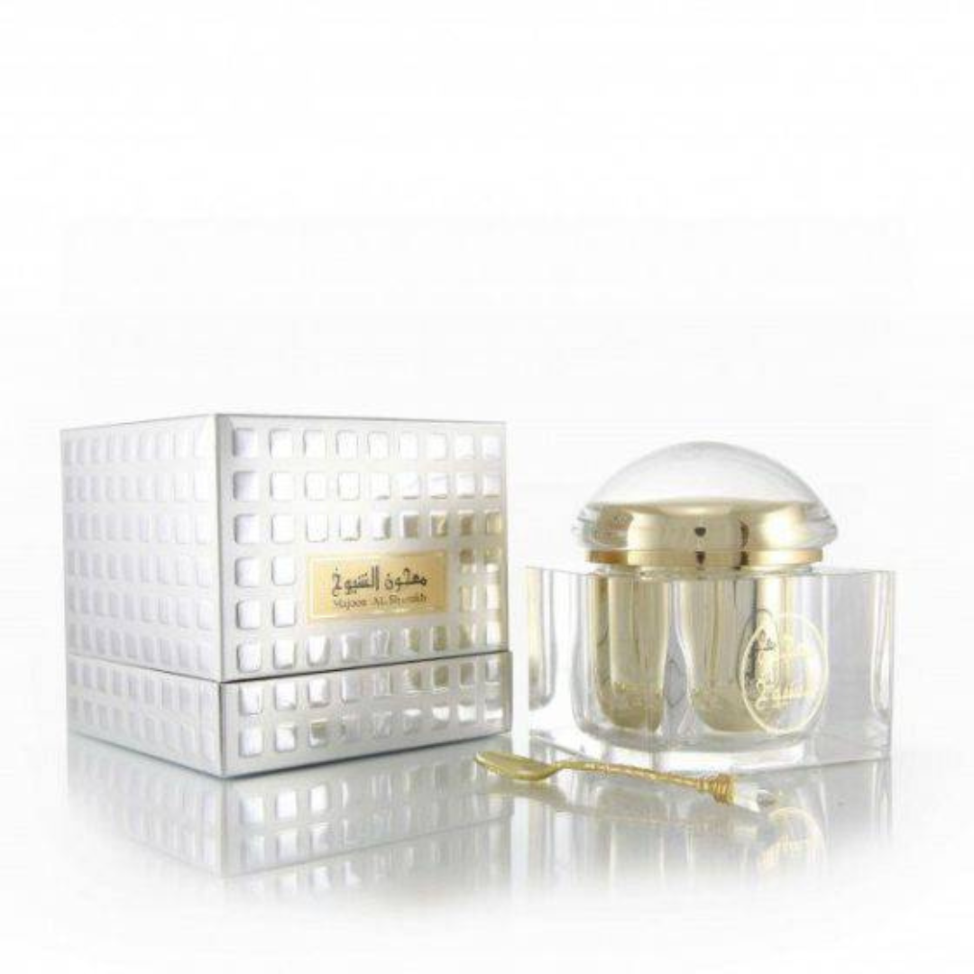 Arabian Oud Maajoun Al Shioukh Bakhoor 100g, fragrant traditional incense in a decorative container, used for home scenting.