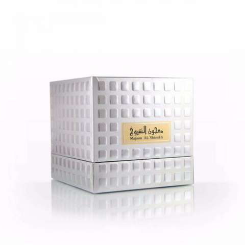 Arabian Oud Maajoun Al Shioukh Bakhoor 100g, traditional aromatic incense in a decorative container, used for home fragrance.