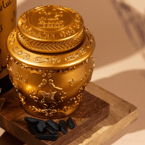 Arabian Oud Mabsoos Kalemat Bakhoor 40g packaging with elegant design, traditional Arabian incense for home fragrance.