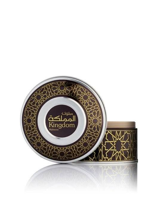 Arabian Oud Mabsoos Kingdom Incense Bakhoor jar with elegant calligraphy design, showcasing traditional Arabian fragrance packaging