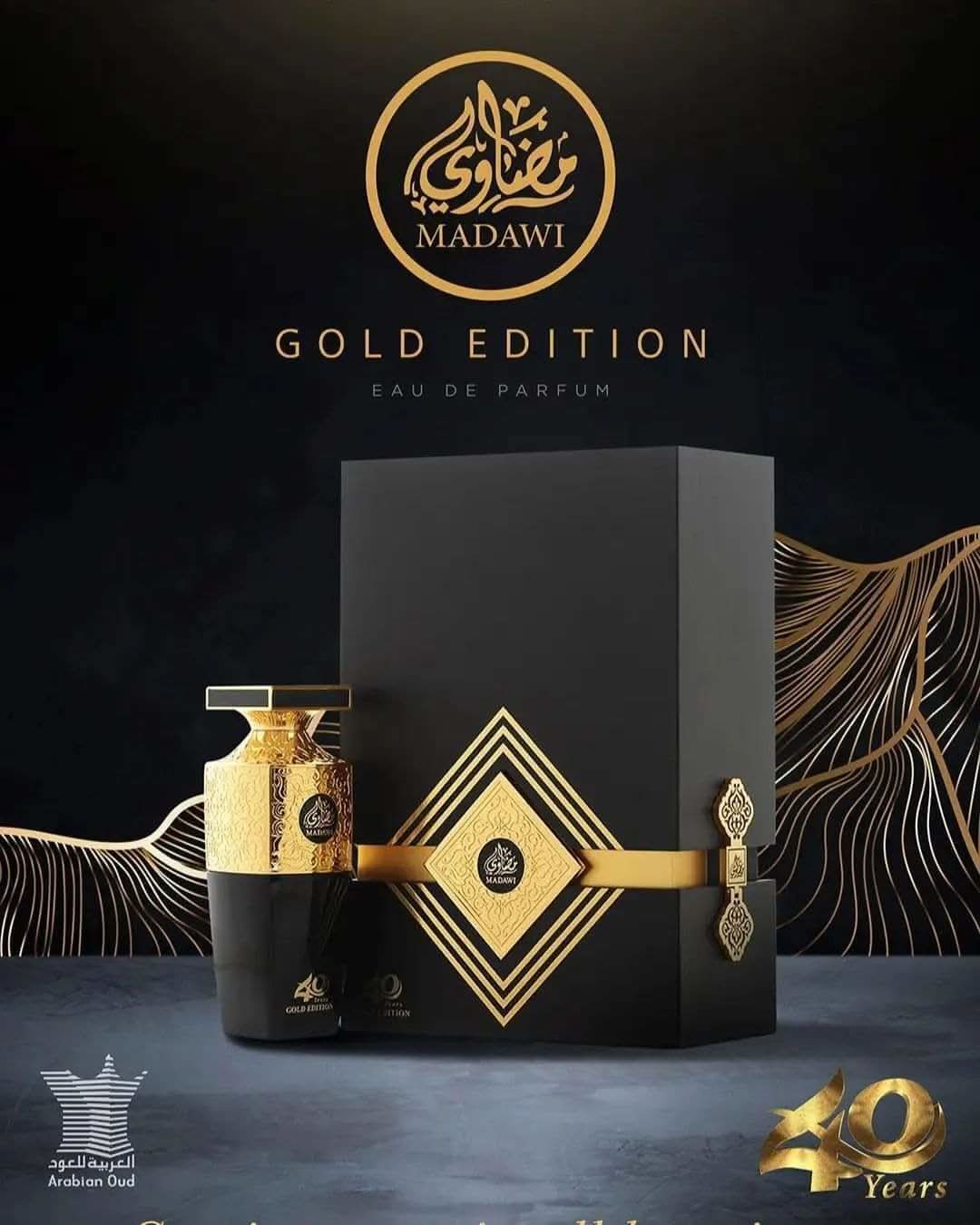 Arabian Oud Madawi Gold Edition Unisex Eau De Parfum 100ml bottle with gold accents and elegant design.
