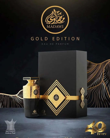 Arabian Oud Madawi Gold Edition Unisex Eau De Parfum 100ml bottle with gold accents and elegant design.