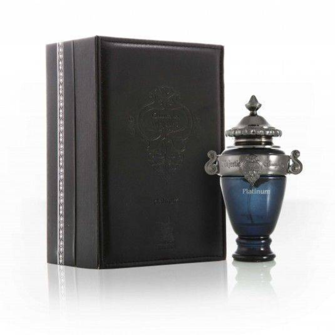 Arabian Oud Majestic Platinum EDP Eau De Parfum 100ML bottle with elegant silver cap and sleek design.