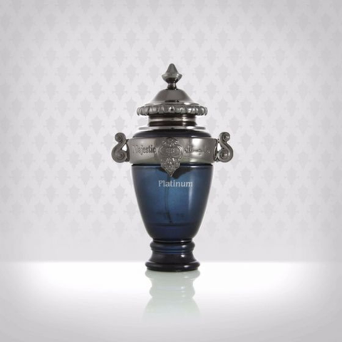 Arabian Oud Majestic Platinum EDP 100ml bottle, a luxurious Eau De Parfum with elegant packaging and sleek design.