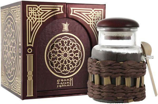 Decorative container of Majoon Al Arabian Mutawar Bakhoor incense by Arabian Oud, showcasing the ornate packaging and traditional design.