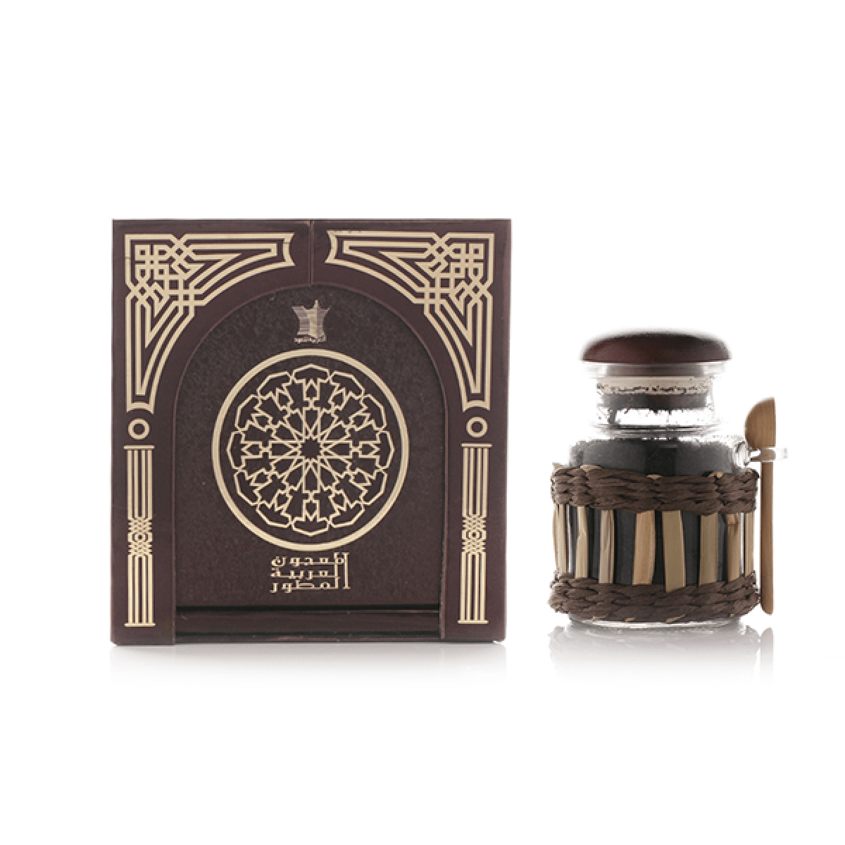 Arabian Oud Majoon Al Arabian Mutawar Bakhoor incense in a decorative container with floral and traditional design details.