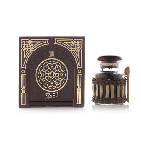 Arabian Oud Majoon Al Arabian Mutawar Bakhoor incense in a decorative container with floral and traditional design details.
