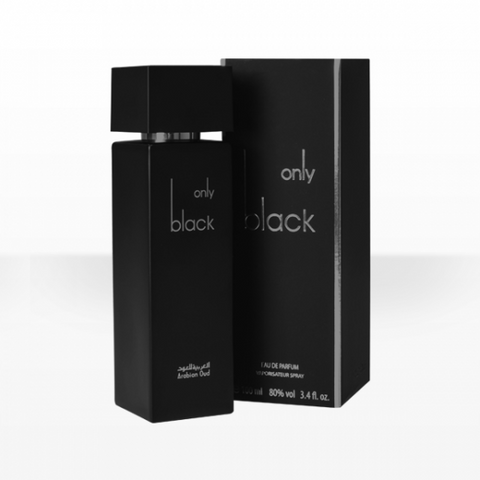 Arabian Oud Only Black Eau De Parfum 100 ML bottle, sleek black fragrance bottle with elegant design and perfume label.