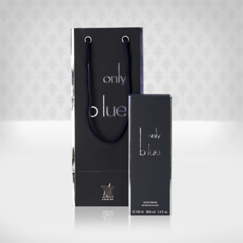 Arabian Oud Only Blue Eau De Parfum 100ml bottle with sleek blue packaging, showcasing the fragrance's elegant design.