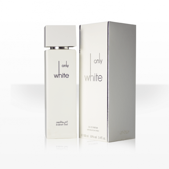 Arabian Oud Only White Eau De Parfum 100ml bottle with sleek white design and elegant packaging.