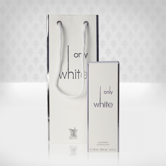Arabian Oud Only White Eau De Parfum 100ml bottle, elegant white packaging, showcasing the fragrance's luxurious design.