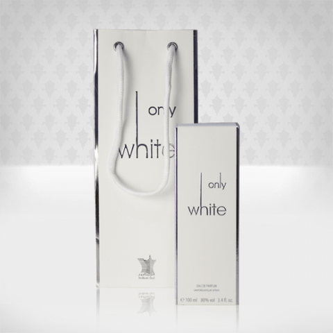Arabian Oud Only White Eau De Parfum 100ml bottle, elegant white packaging, showcasing the fragrance's luxurious design.