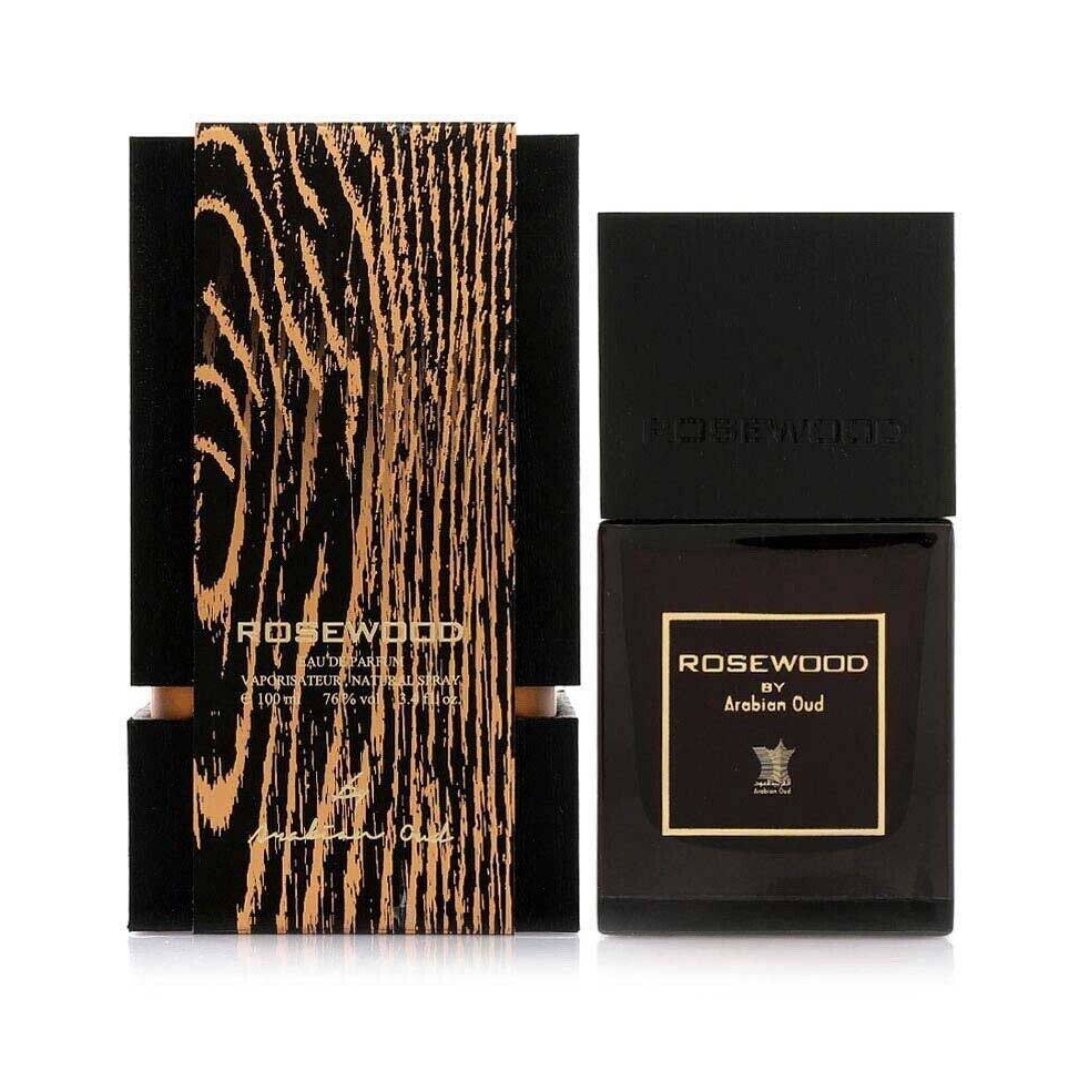 Arabian Oud Rosewood EDP 100ml bottle with a sleek design, showcasing the elegant fragrance of the Rosewood Eau De Parfum.