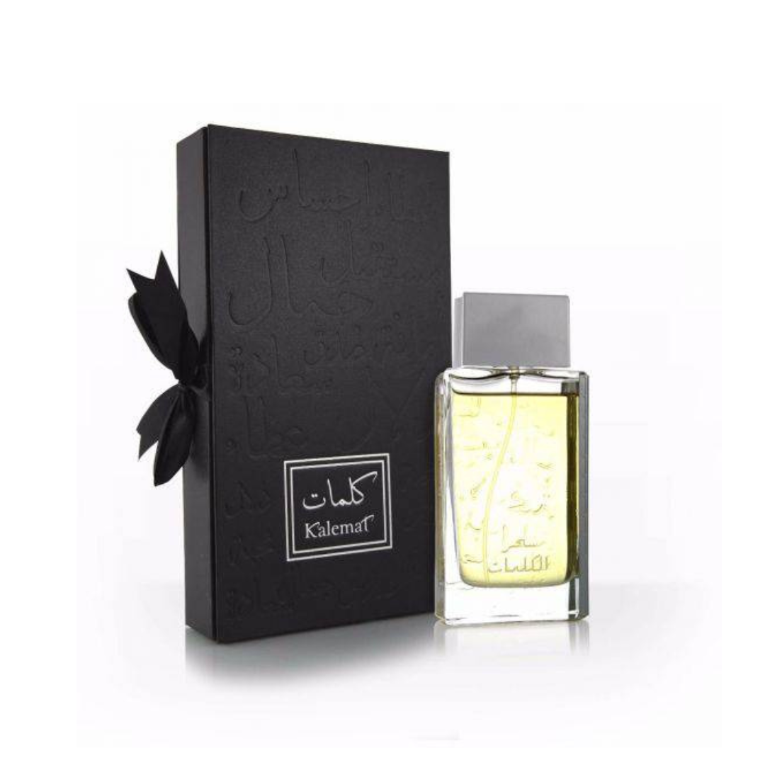 Sehr Al-Kalemat Eau De Parfum 100ml bottle by Arabian Oud, elegant glass bottle with decorative design and fragrance sprayer.