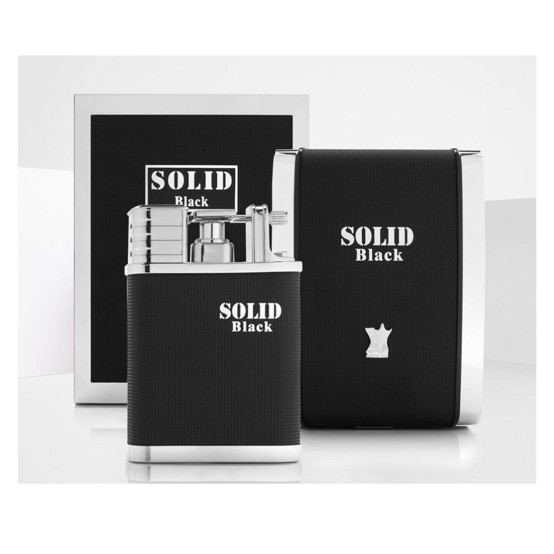 Arabian Oud Solid Black men's Eau de Parfum 100mL bottle with box, featuring sleek black design and elegant packaging.