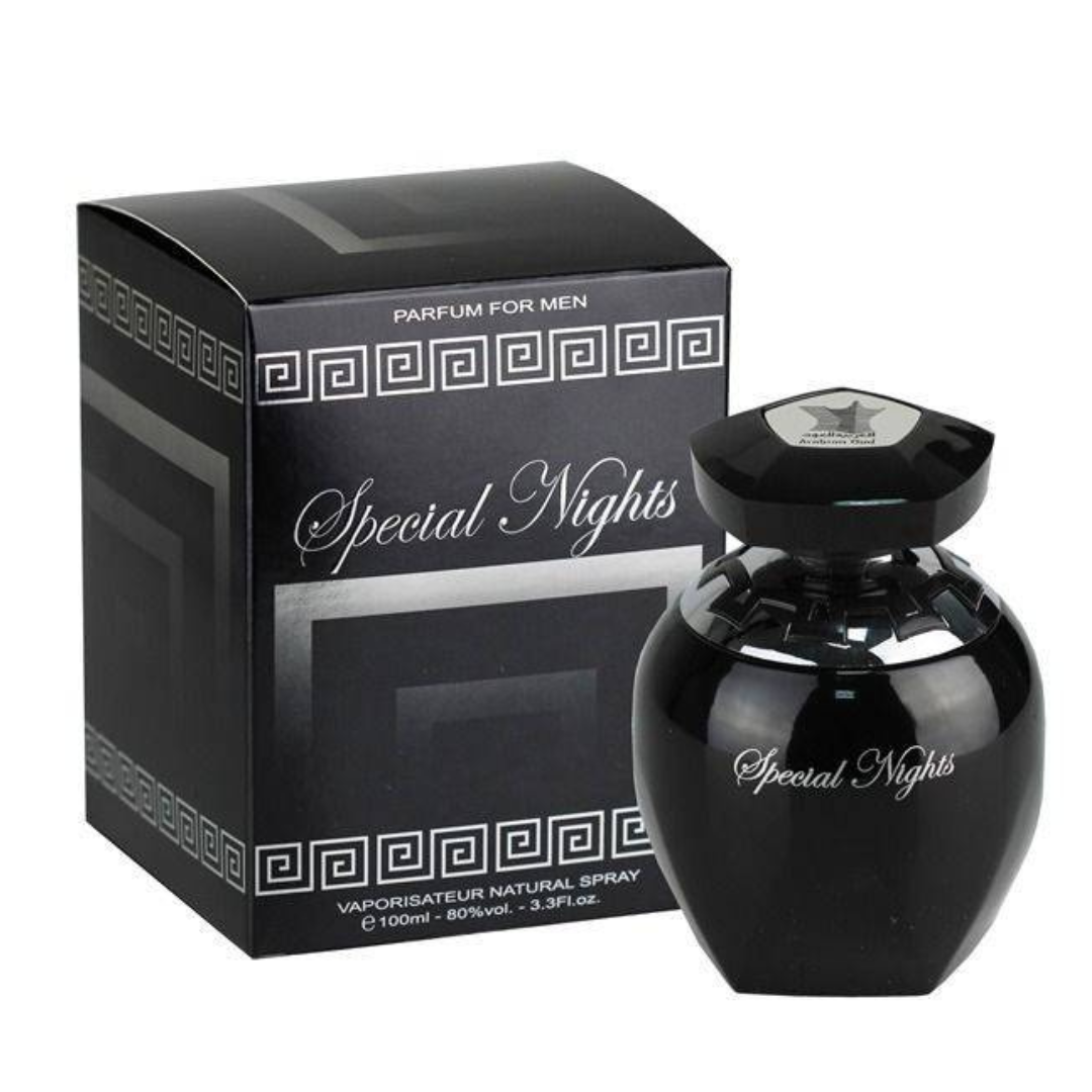 Arabian Oud Special Night For Men EDP bottle, 100ml, with sleek design and dark fragrance notes, front view.