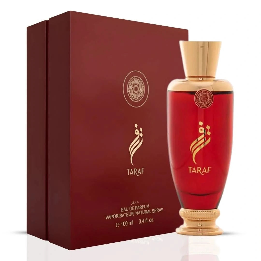 Arabian Oud Taraf Eau de Parfum spray 100ml bottle with elegant packaging and floral and woody fragrance details.