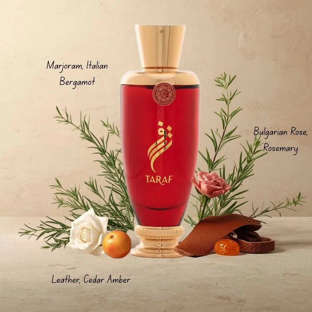 Arabian Oud Taraf Eau de Parfum spray 100ml, elegant glass bottle with gold accents, showcasing the Arabian Oud logo.