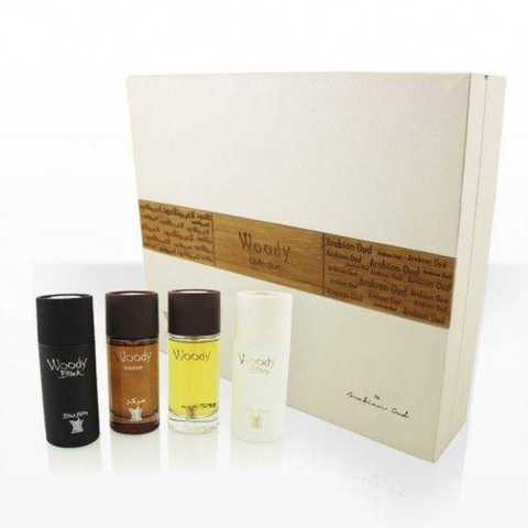 Arabian Oud Woody Collection EDP 50ml perfume gift set with bottles and elegant packaging, featuring warm woody fragrance notes.