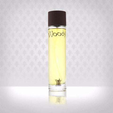 Arabian Oud Woody EDP 100ml bottle, Eau De Parfum with woody fragrance, elegant glass perfume bottle, luxurious scent display