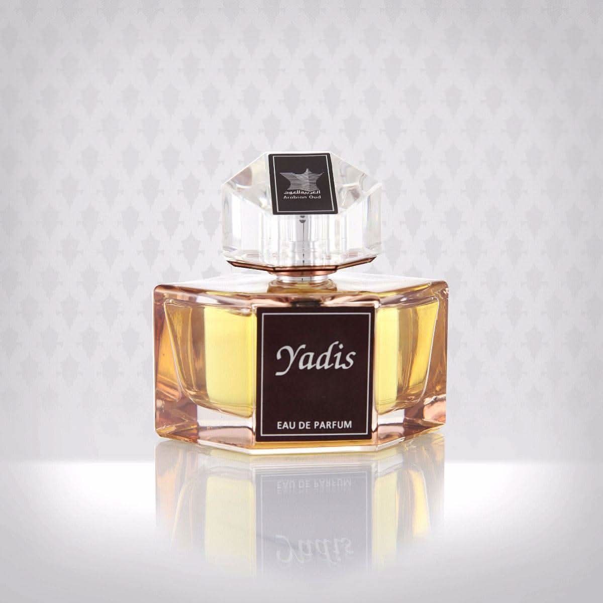 Close-up of Arabian Oud Yadis Eau De Parfum 100ml bottle cap showing elegant design and branding details.