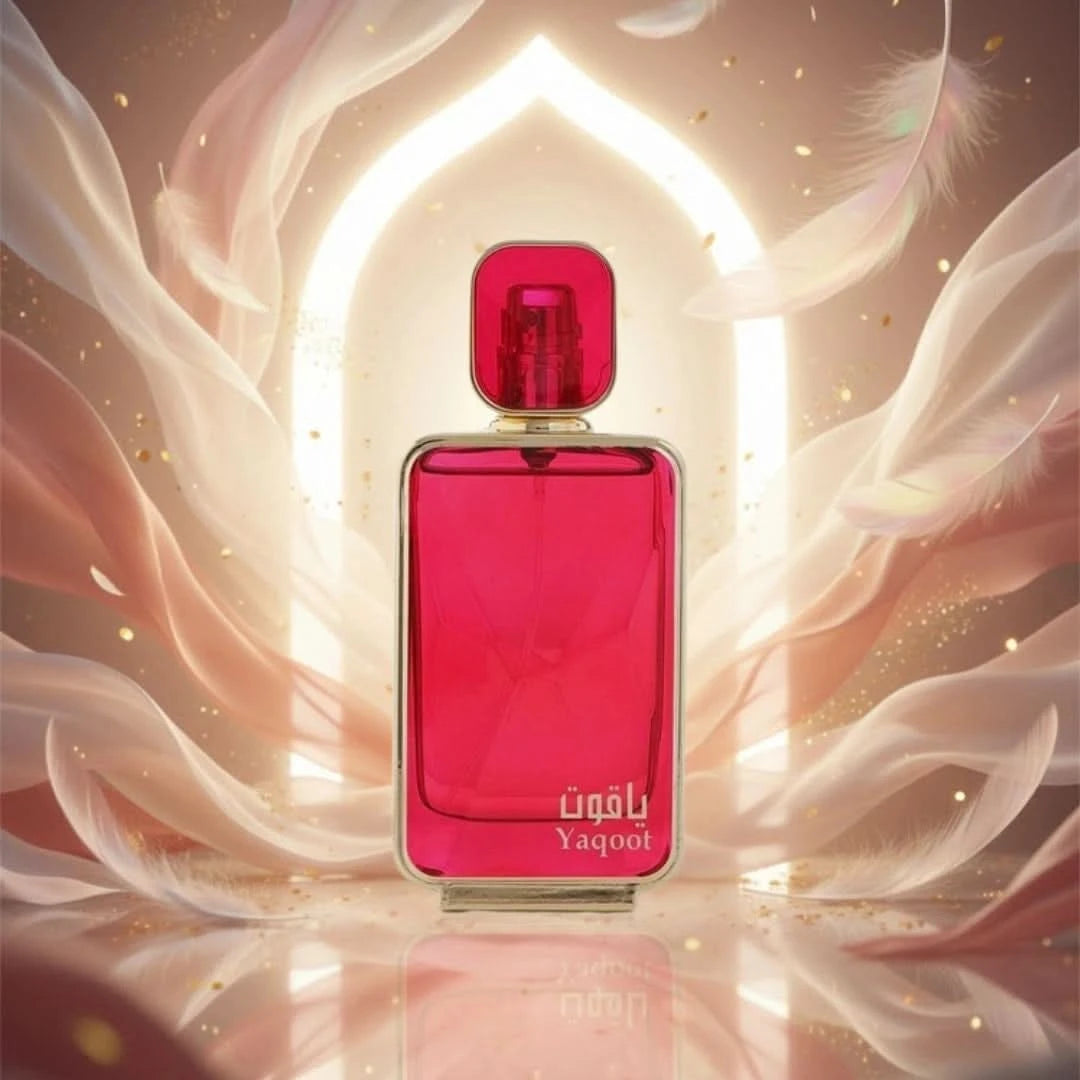 Yaqoot Eau de Parfum spray by Arabian Oud, 100ml bottle, elegant glass container with a sleek design and fragrance label.