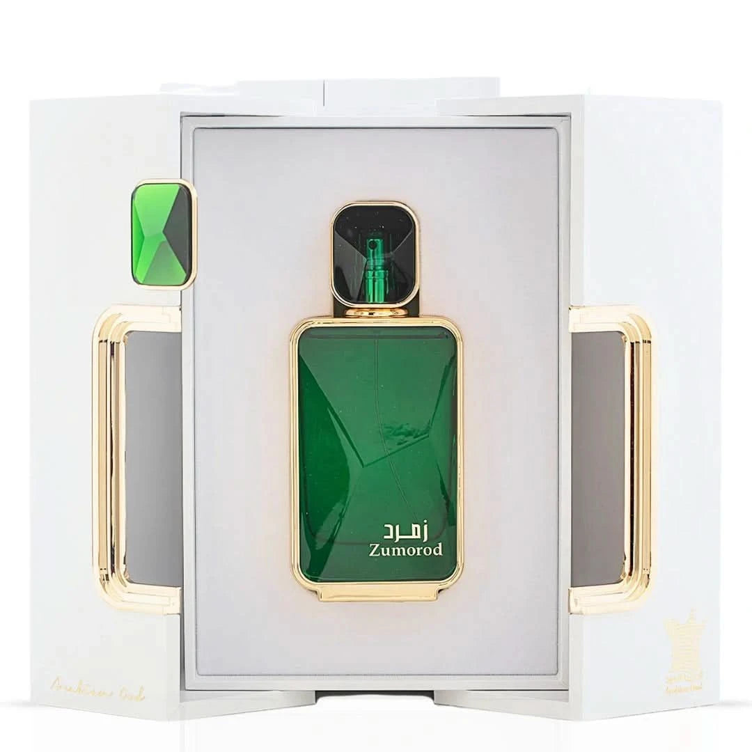 Arabian Oud Zumorod Eau de Parfum Spray 100ml with cap, featuring elegant glass bottle and floral fragrance design.