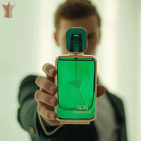Arabian Oud Zumorod Eau de Parfum Spray 100ml, elegant bottle, showcasing the Arabian Oud logo and sleek design.