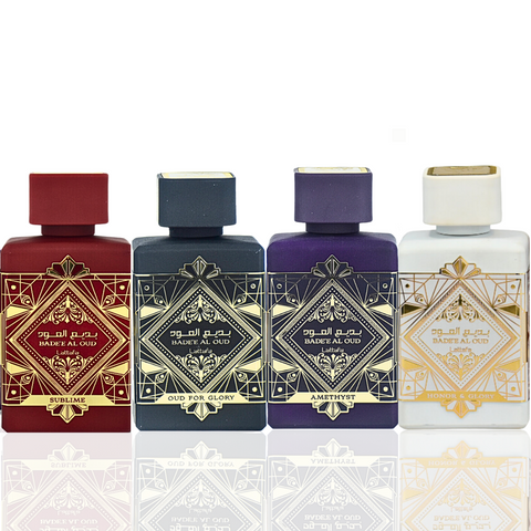 Bade'e Al Oud for Glory, Badee Al Oud Amethyst, Bade'e Al Oud Sublime & Bade’e Al Oud Honor & Glory EDP - 100ml (3.4 oz) By Lattafa Perfumes. (Velvet Pouch) - Intense Oud
