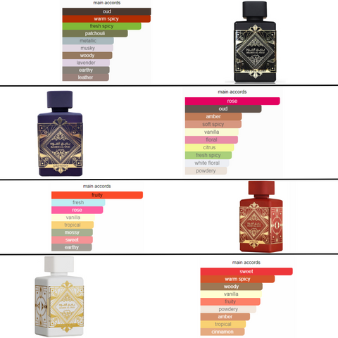 Bade'e Al Oud for Glory, Badee Al Oud Amethyst, Bade'e Al Oud Sublime & Bade’e Al Oud Honor & Glory EDP - 100ml (3.4 oz) By Lattafa Perfumes. (Velvet Pouch) - Intense Oud