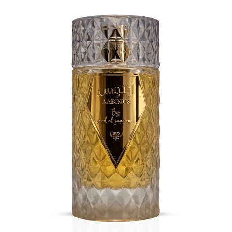 Aabinus Eau de Parfum Spray by Ard Al Zaafaran, 100ml bottle with nozzle, showcasing elegant perfume packaging.