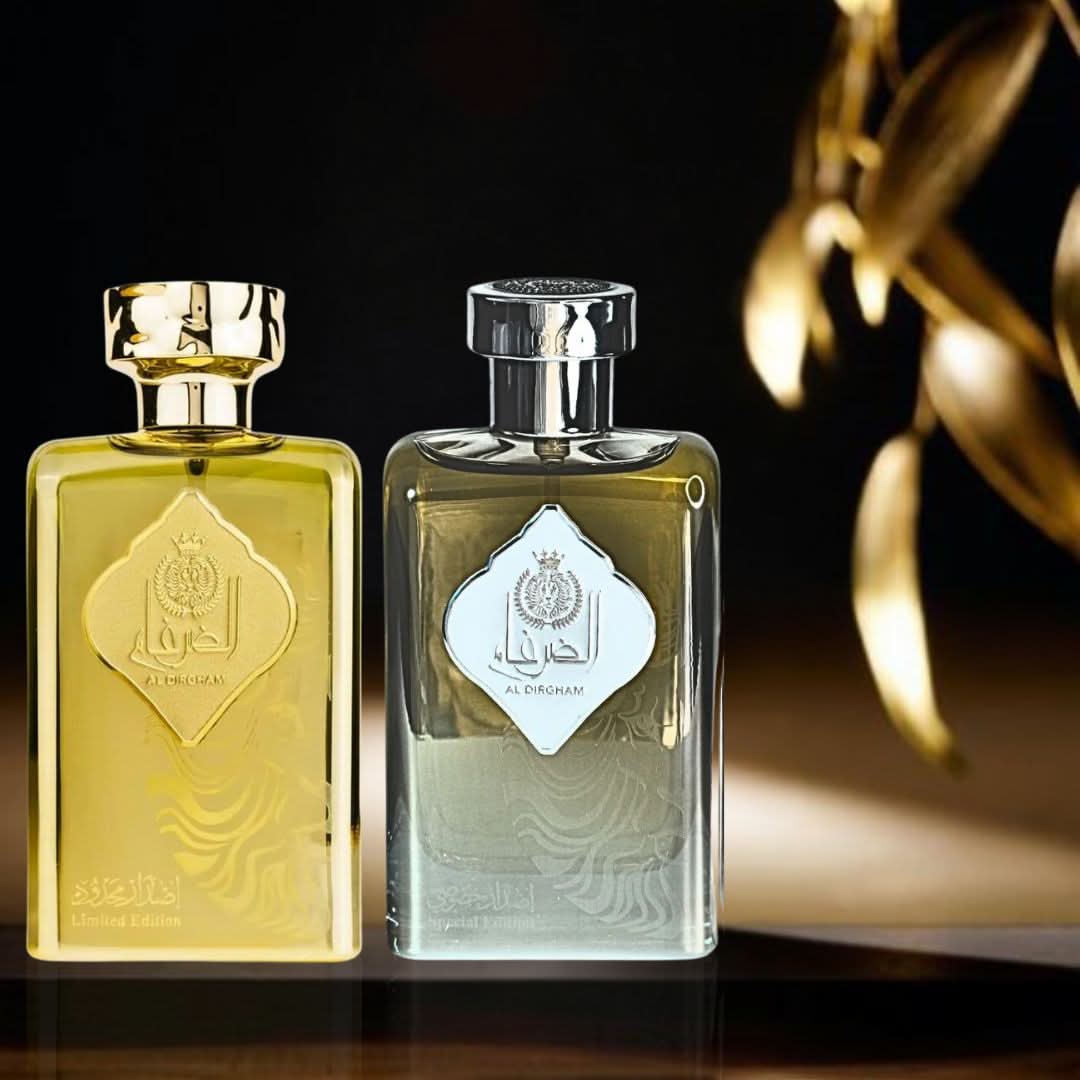 Bundle of Ard Al Zaafaran Al Dirgham Special and Limited Edition Eau de Parfum sprays, 100ml bottles, featuring elegant perfume bottles.