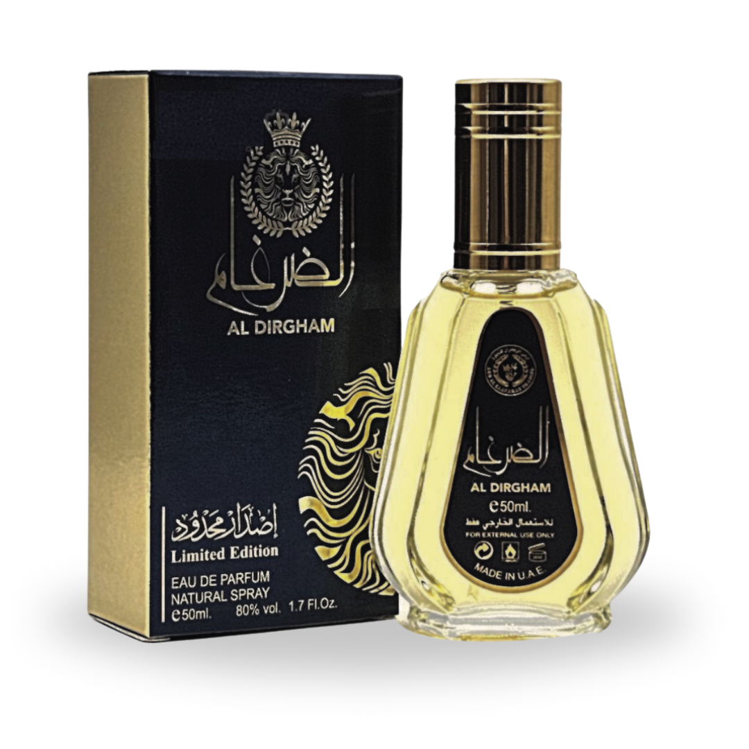 Limited edition Ard al Zaafaran AL Dirgham 50ML Eau De Parfum bottle with intricate design and elegant packaging.