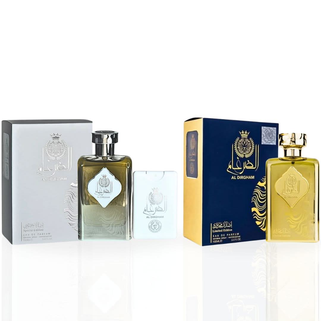 Bundle of Ard Al Zaafaran Al Dirgham Special and Limited Edition Eau de Parfum sprays, 100ml bottles, featuring elegant packaging.