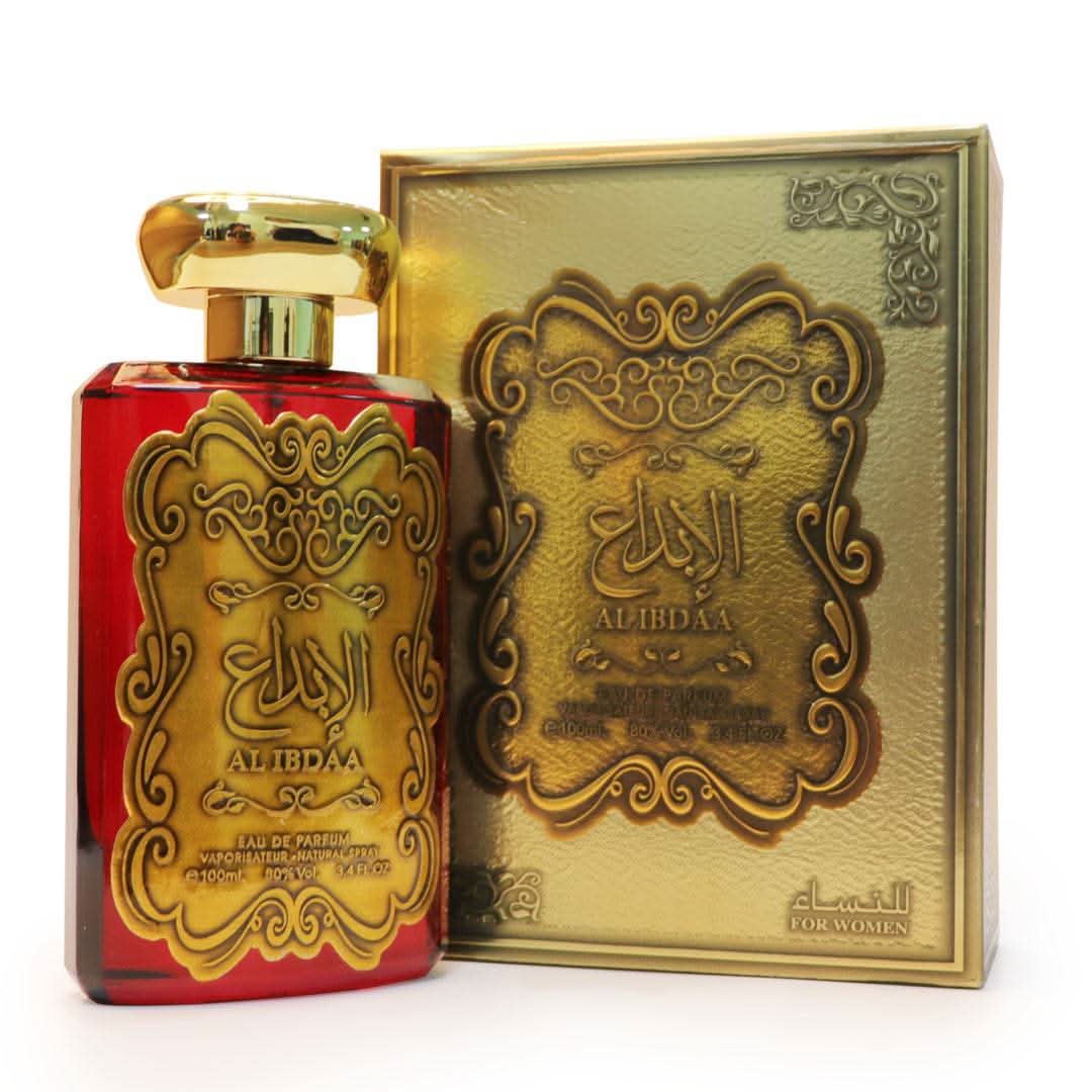 Front view of Ard Al Zaafaran Al Ibdaa Gold EDP for Women in a 100mL bottle, showcasing its luxurious design.