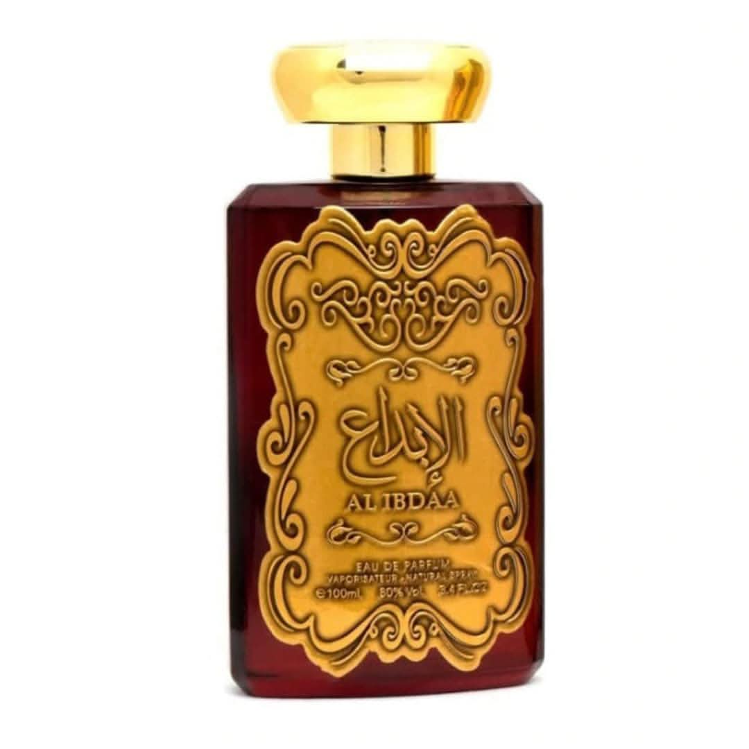 Elegant bottle of Ard Al Zaafaran Al Ibdaa Gold Eau De Parfum for women, 100mL, with gold accents and floral design.